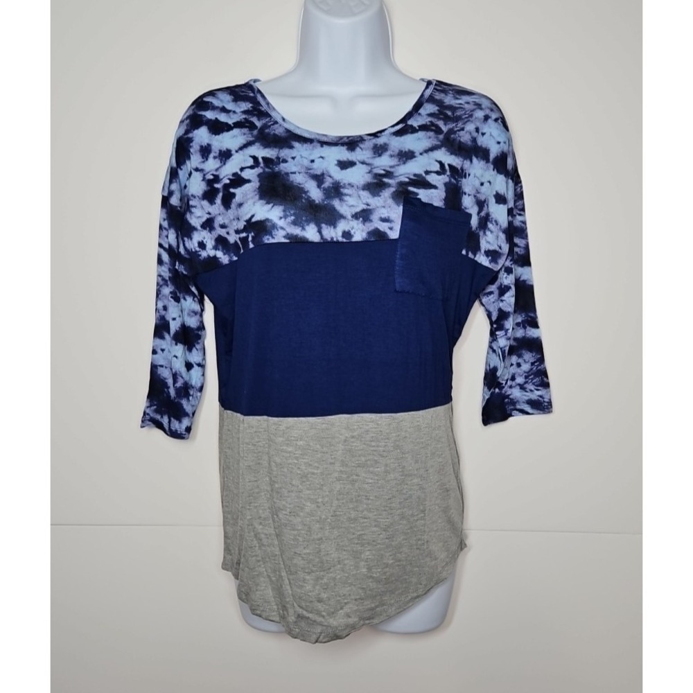 Rue21 Womens Blue Tie Dye Colorblock 3/4 Sleeve Top Size Small NWT
